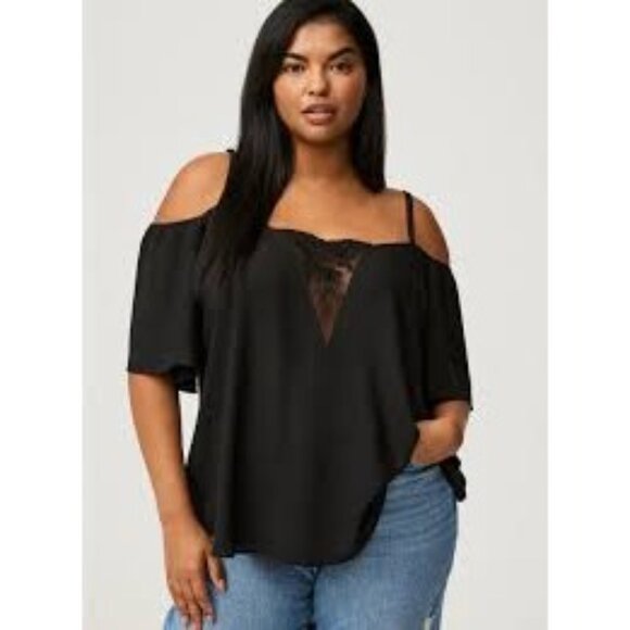 Torrid Womens Cold Shoulder Black Lace Top Size L - Picture 2 of 9